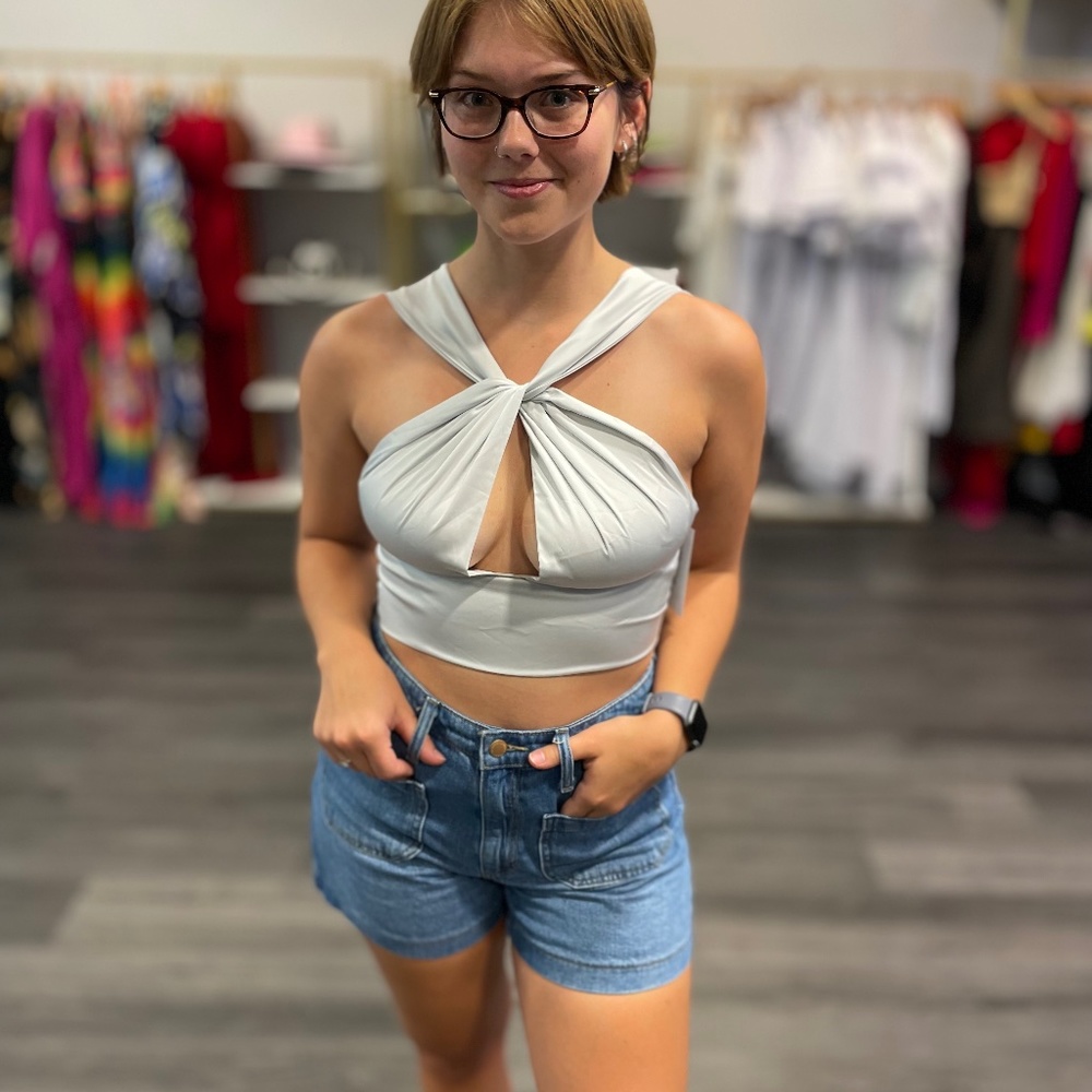 New Silver tie back crop top shirt
